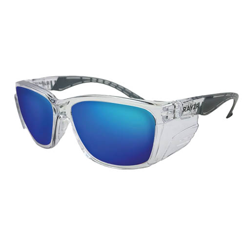 RAYZR SAFETY GLASSES CLEAR FRAME -BLUE MIRROR POLARIZED