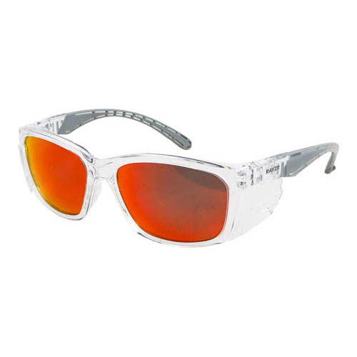 RAYZR SAFETY GLASSES CLEAR FRAME – RED MIRROR POLARISED_V1