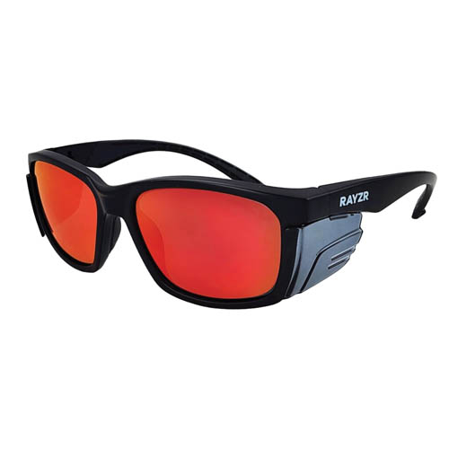 RAYZR SAFETY GLASSES, MATTE BLACK FRAME- RED MIRROR POLAR